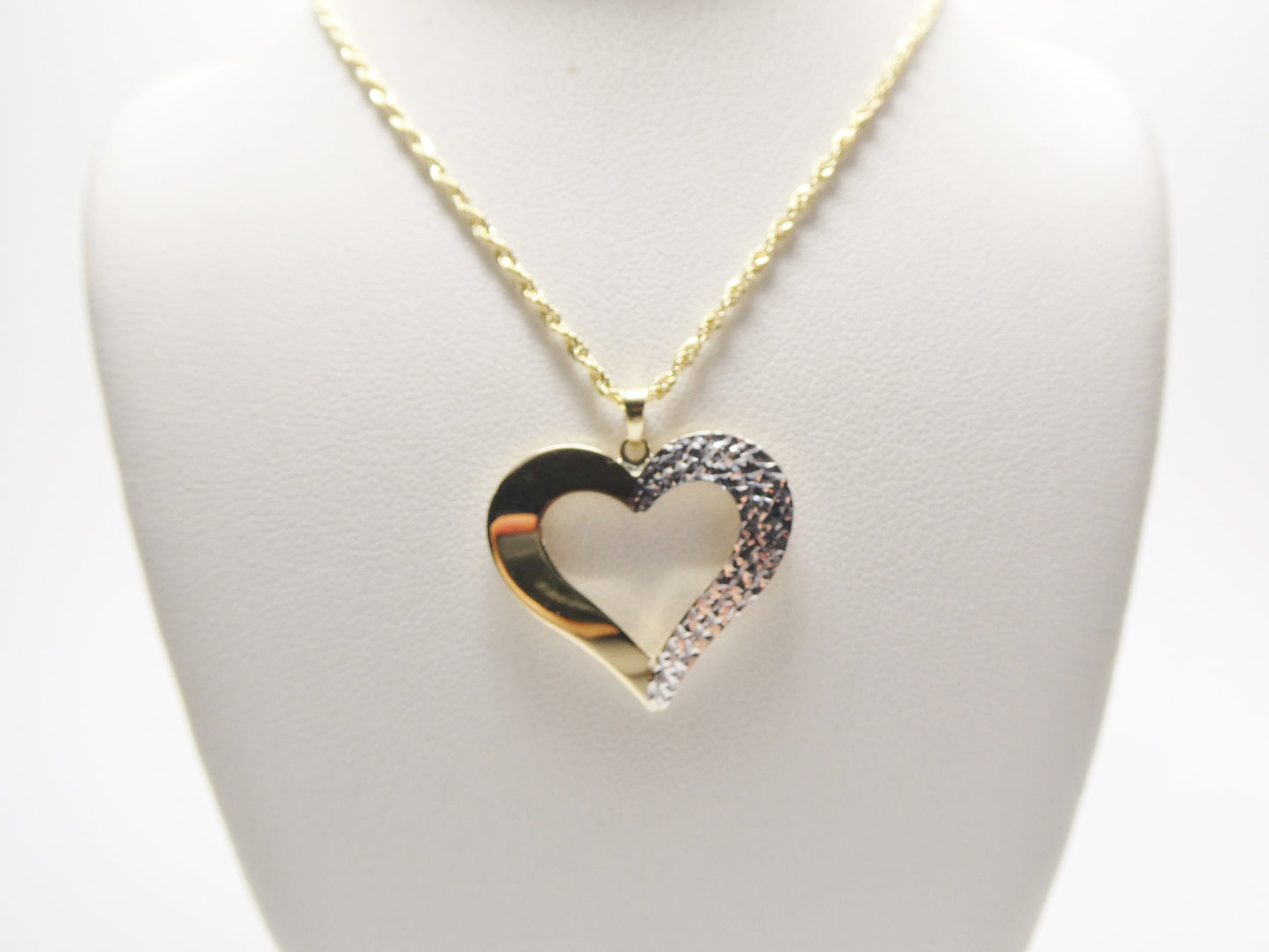 14k real solid yellow gold two tone heart pendent and robe necklace