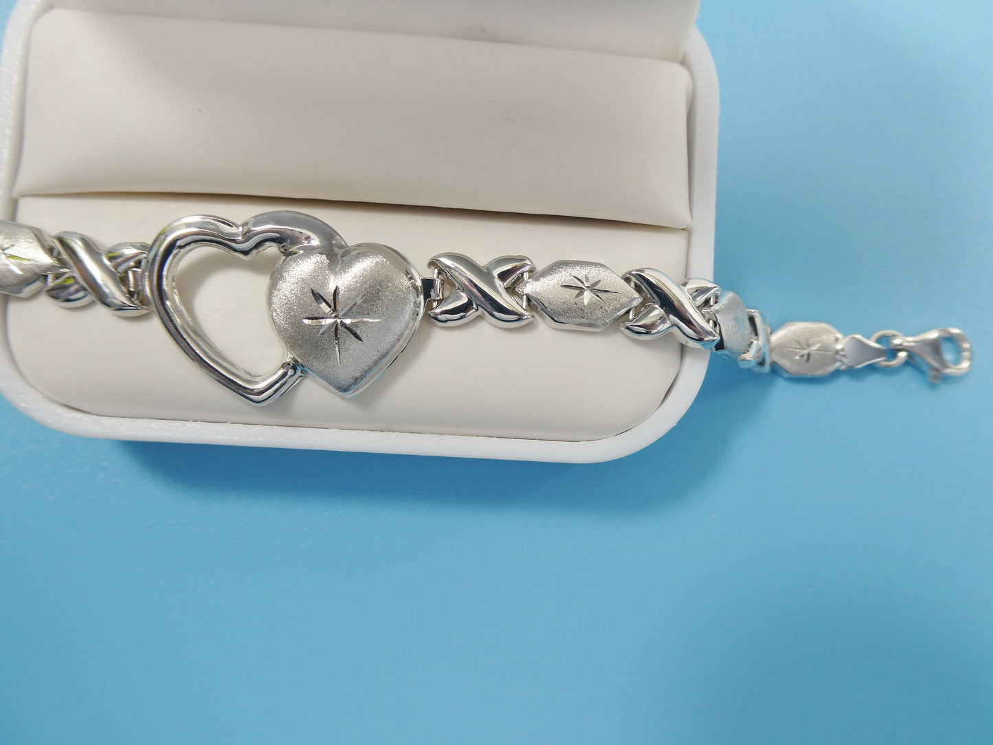real 925 sterling silver double heart stampato set / necklace/ bracelet 14k white gold color finish