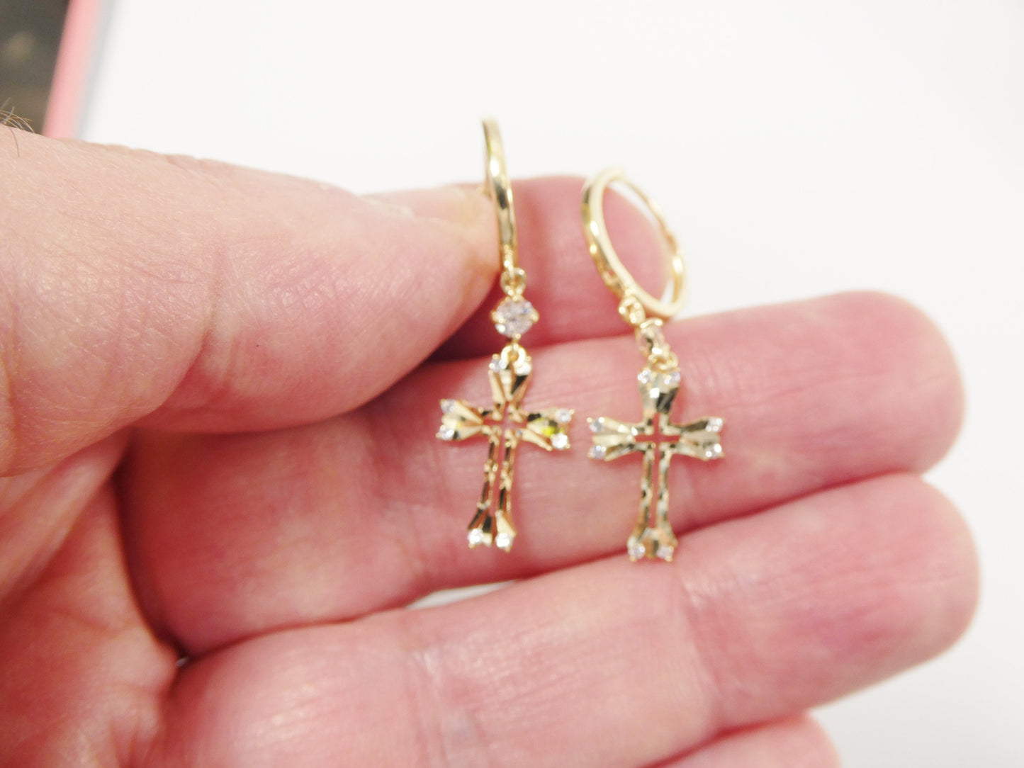 10k real solid yellow gold full laser cut cross dangle on plain huggie hoop fancy earring