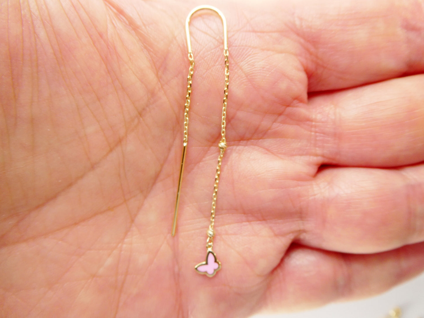 14k real solid yellow gold pink butterfly long dangling earrings