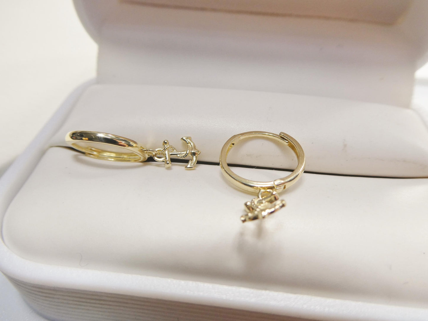 real 10k solid yellow gold designer anchor drop hoop huggie earrings