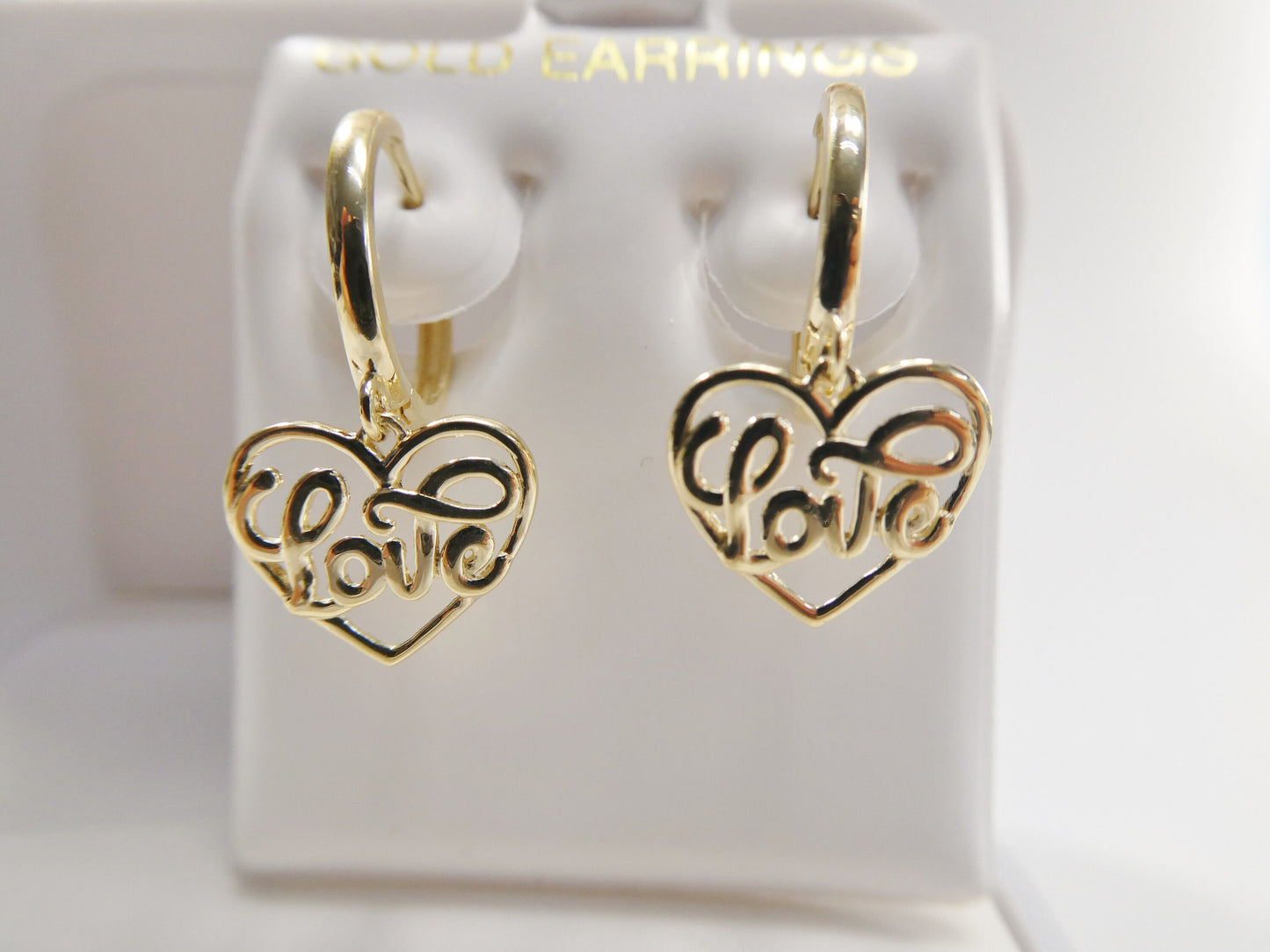 real 10k solid yellow gold script love letter heart drop super polish hoop huggie earrings
