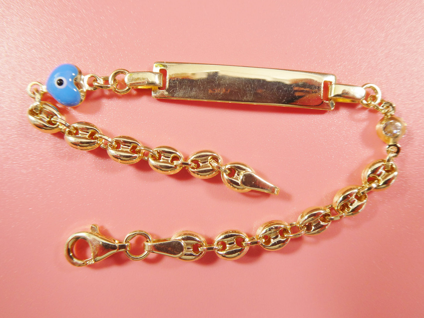 14k real solid yellow gold buff mariner enamel turquoise 6 inch heart baby ID bracelet