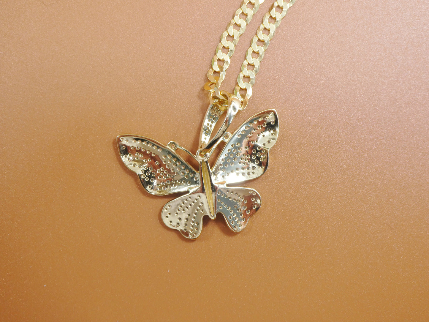 14k yellow gold color tone chain and large butterfly charm pendent over real 925 sterling silver