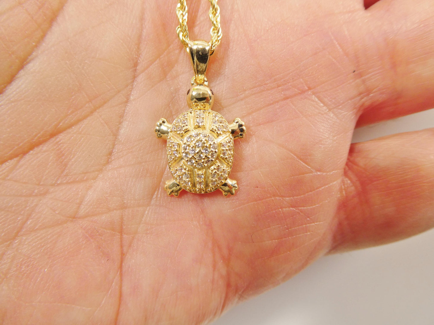 14k real solid yellow gold turtle pendent and rope necklace