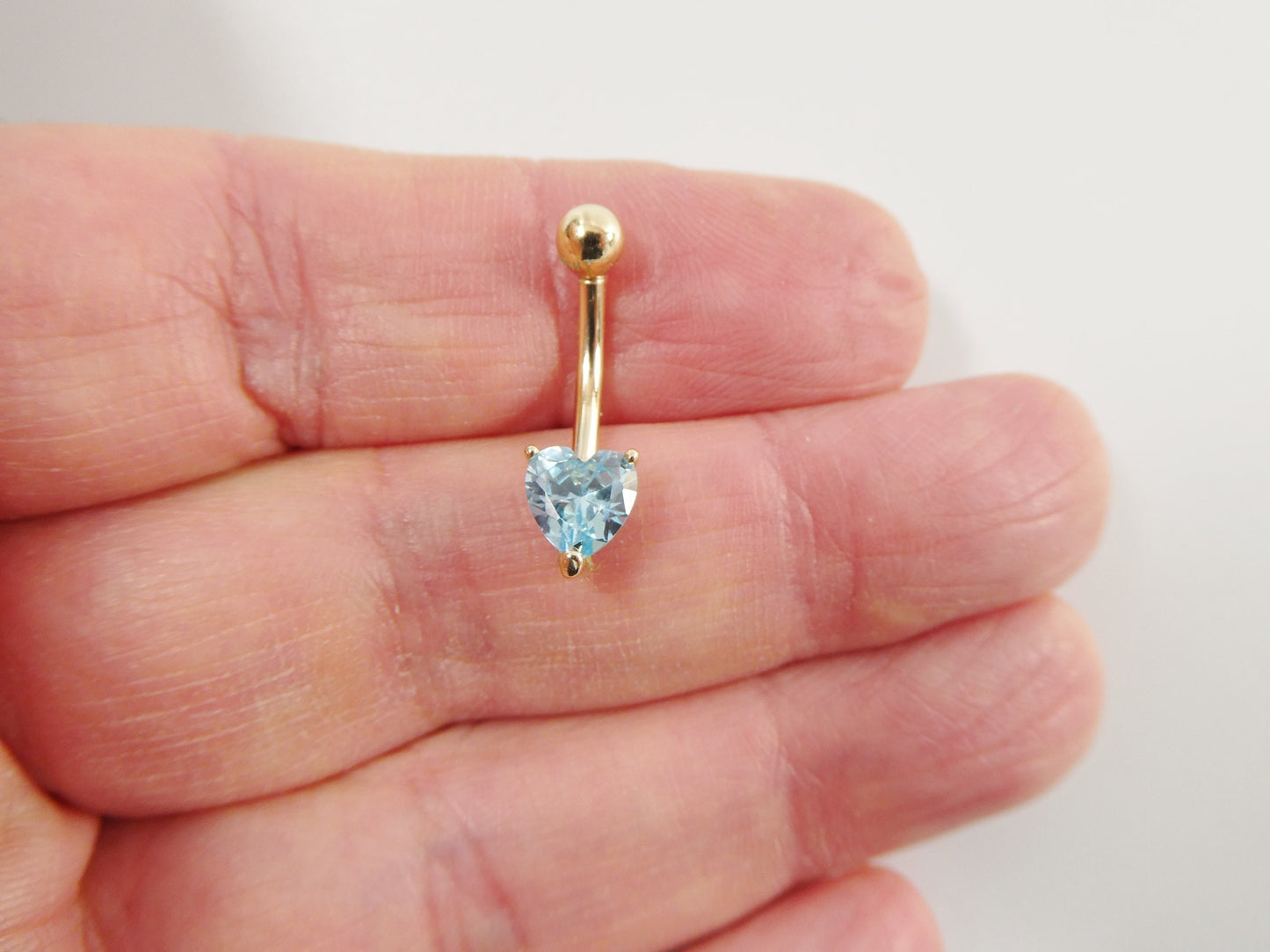 14k real solid yellow gold 6mm heart aquamarine stone belly button ring piercing