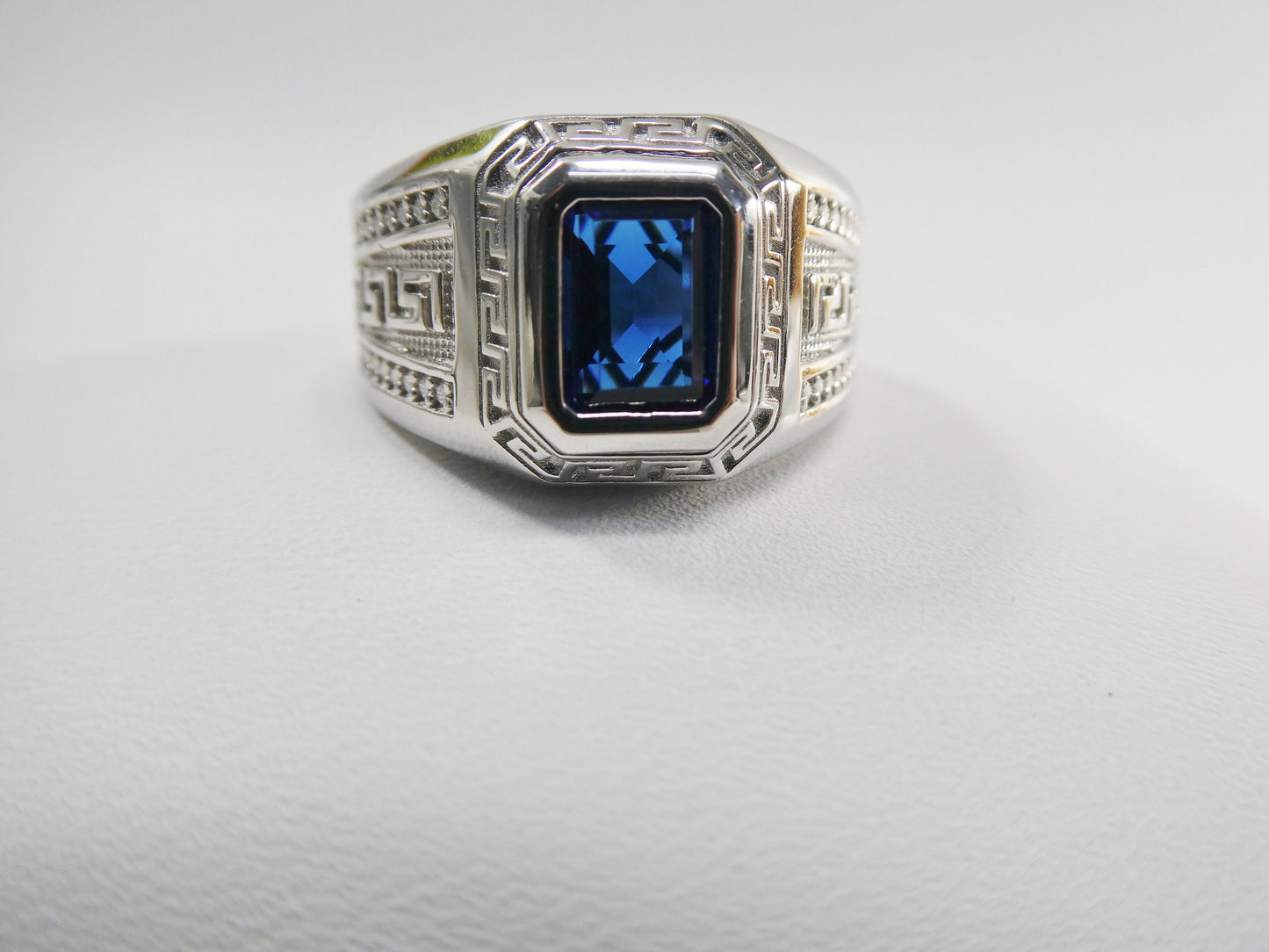 real solid 925 sterling silver men blue stone ring rhodium plating finish