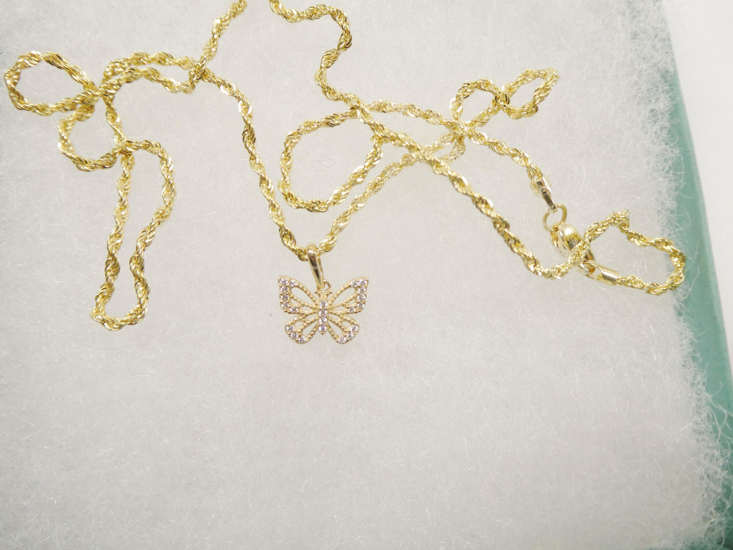 14k real solid yellow gold butterfly pendent and rope necklace