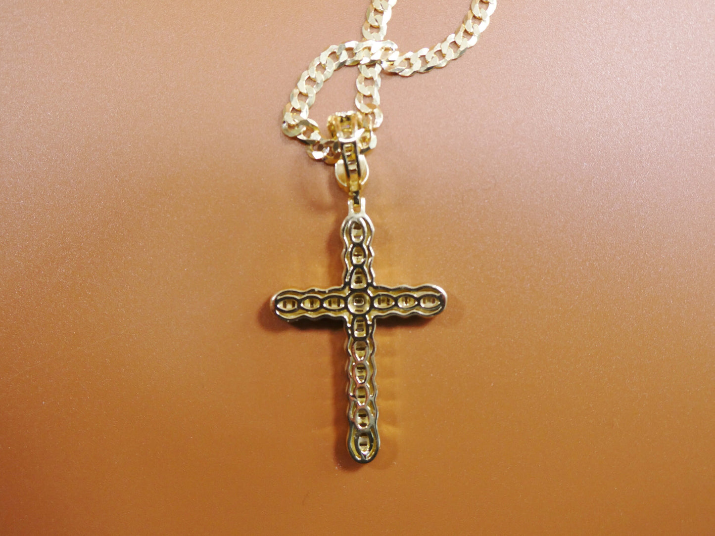 14k yellow gold color tone chain and cross charm pendent over real 925 sterling silver