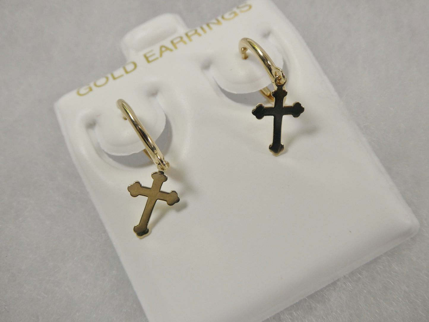 real 10k solid yellow gold hoop huggie dangle plain cross earrings