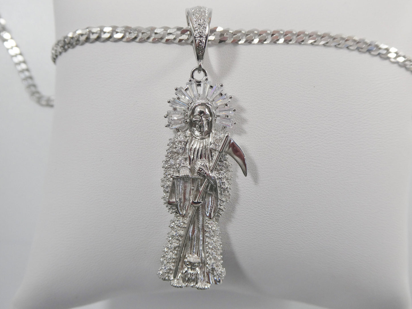 real 925 sterling silver 22 inch flat chain and large santa muerte pendent charm