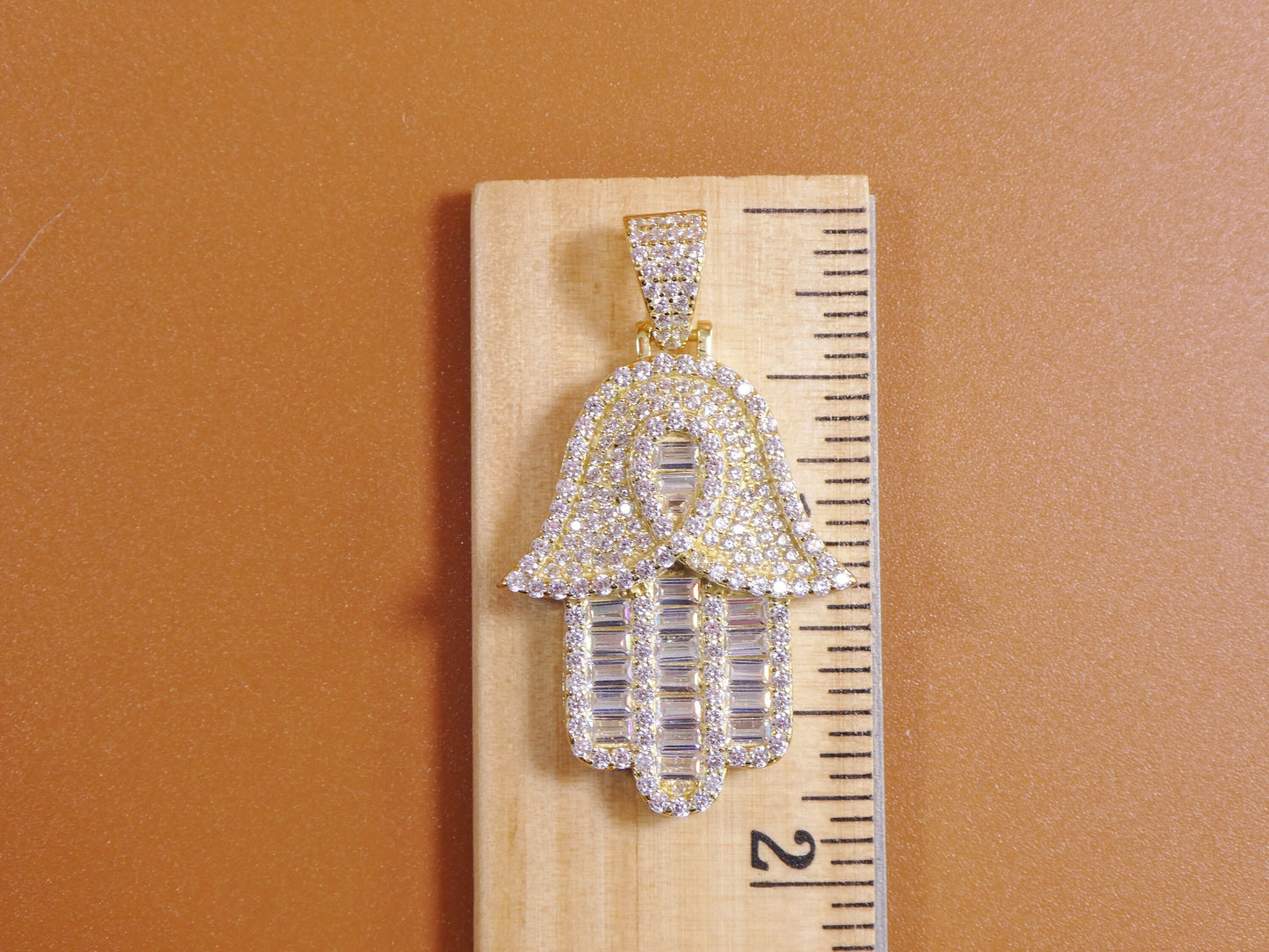 14k Gold Tone Hamsa Evil Eye Pendant: Sterling Silver Cuban Chain