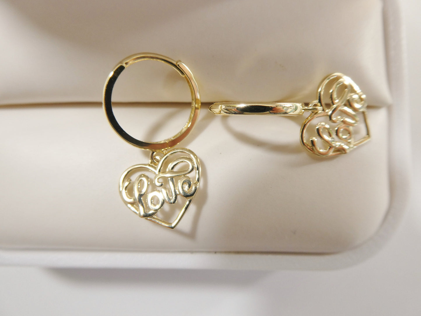 real 10k solid yellow gold script love letter heart drop super polish hoop huggie earrings