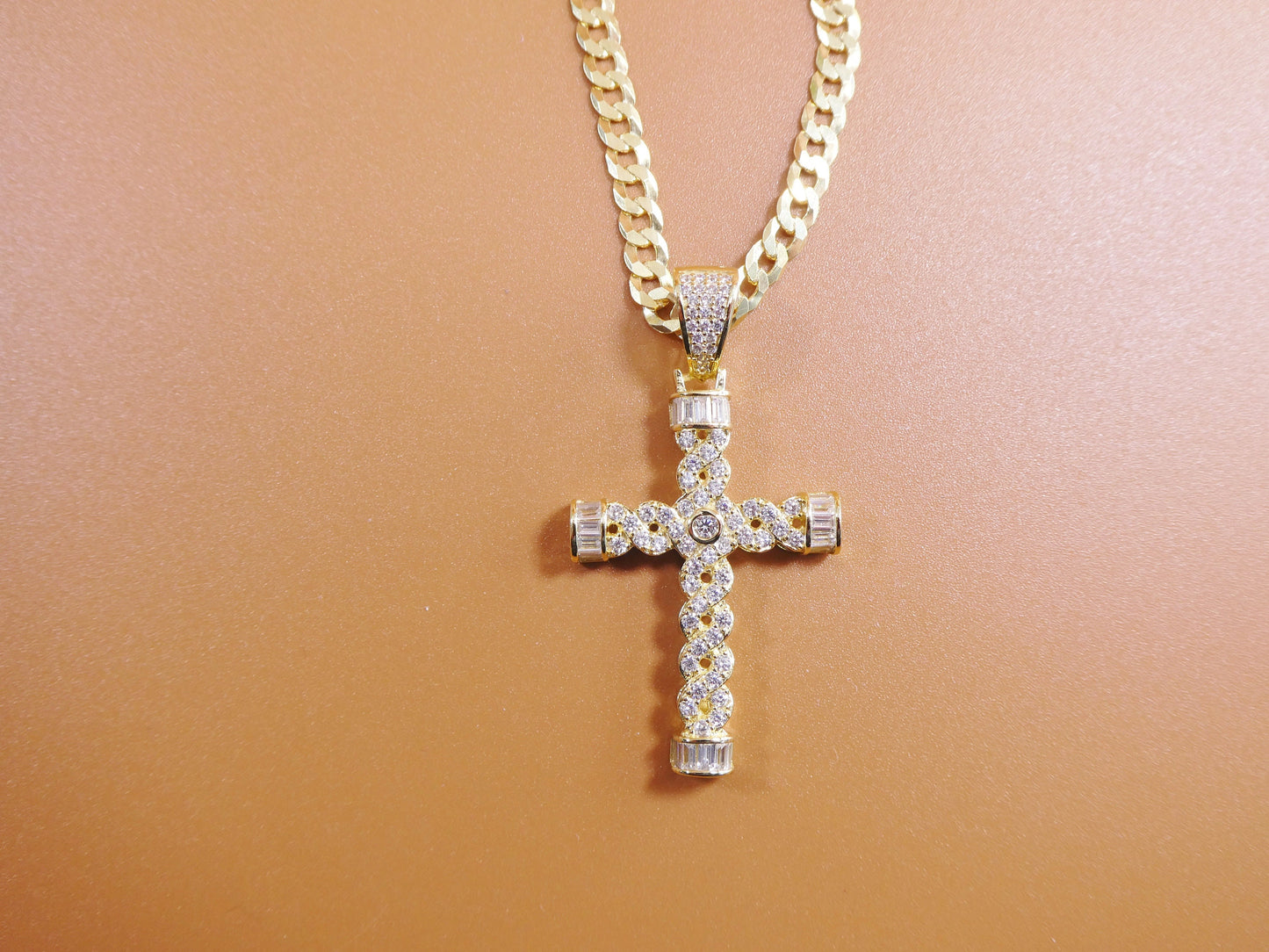 14k yellow gold color tone chain and cross charm pendent over real 925 sterling silver