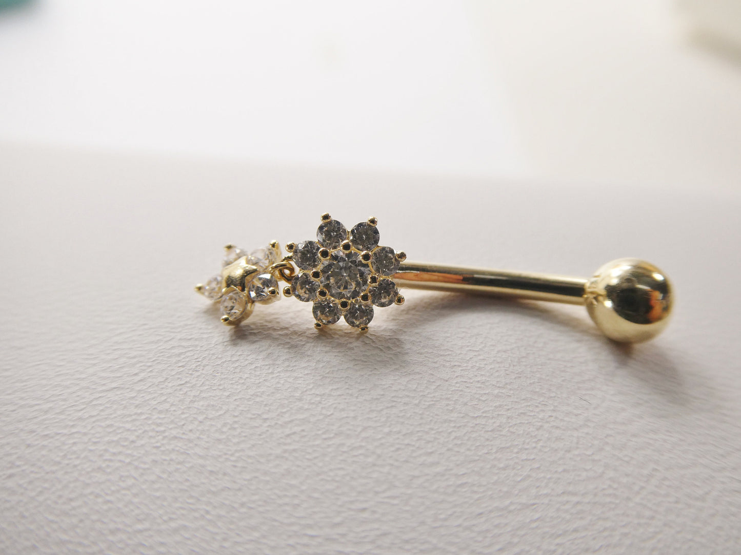 14k real solid yellow gold flower bar belly button ring piercing