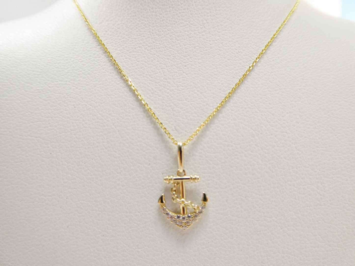 14k real solid yellow gold anchor pendent and cable necklace
