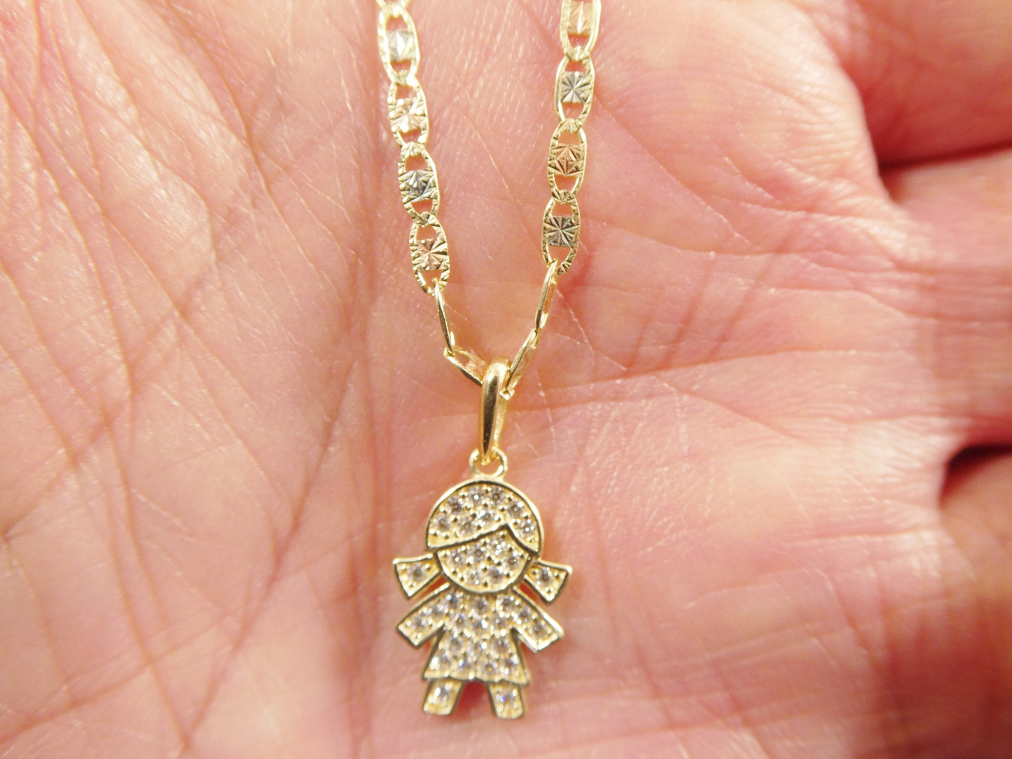 10k real solid yellow gold small girl pendent and 16 inch Valentino necklace