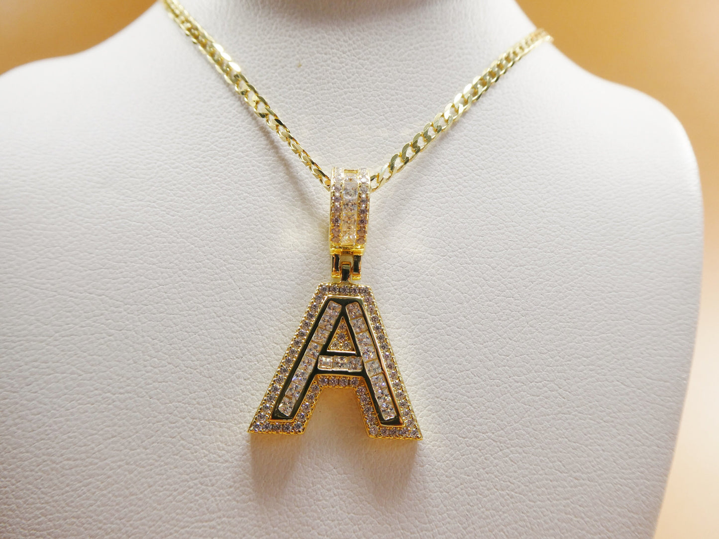 real 925 sterling silver yellow gold color tone baguette initial pendent with 18 inch small Miami chain