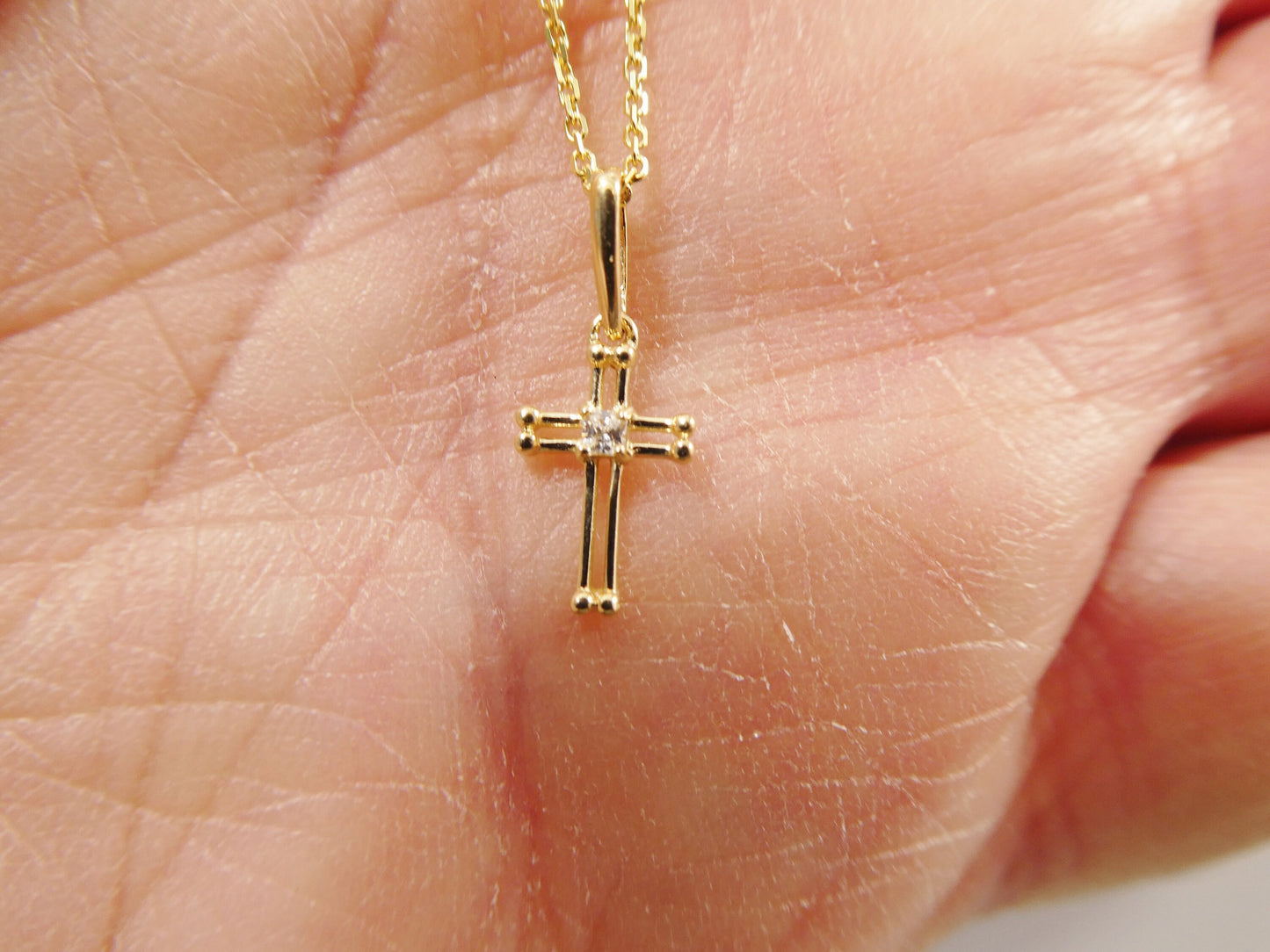 14k real solid yellow gold small cross pendent and cable necklace
