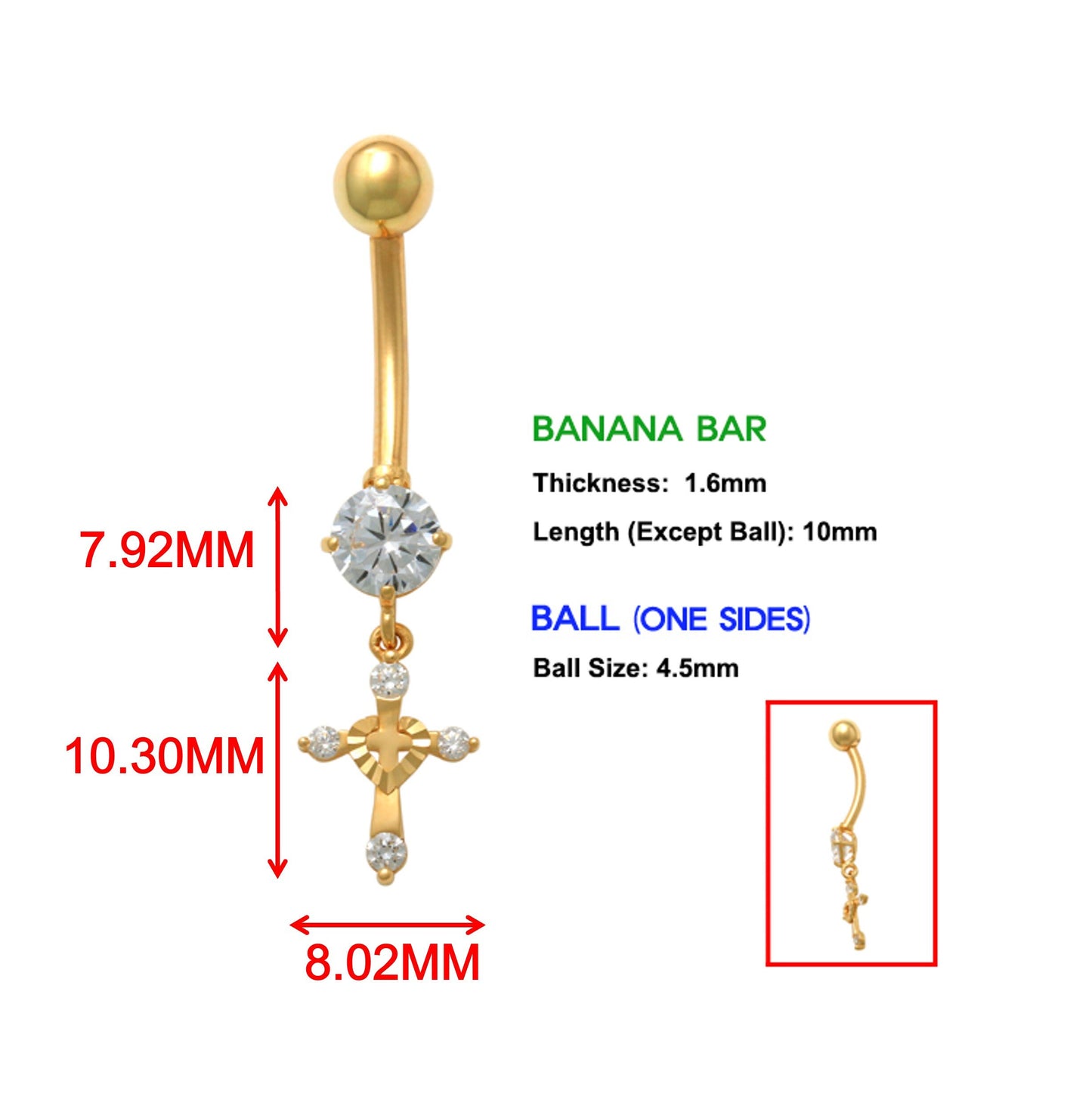 14k real solid yellow gold dangling cross belly button ring piercing