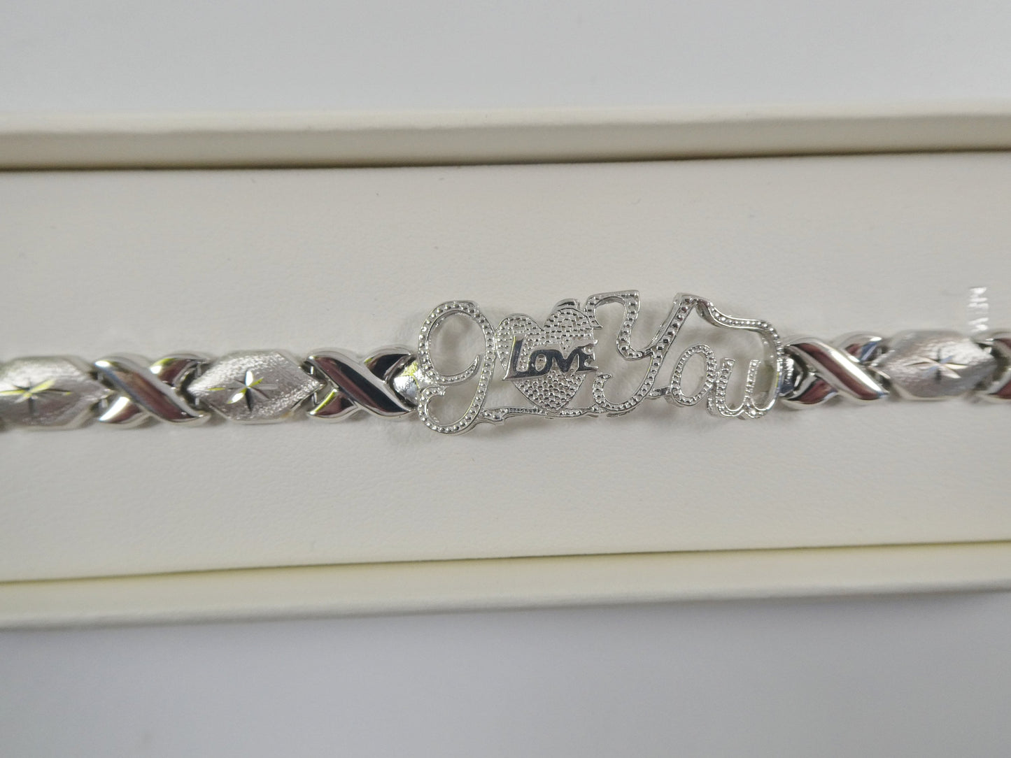 real 925 sterling silver I love you xo xo stampato bracelet 14k white gold finish