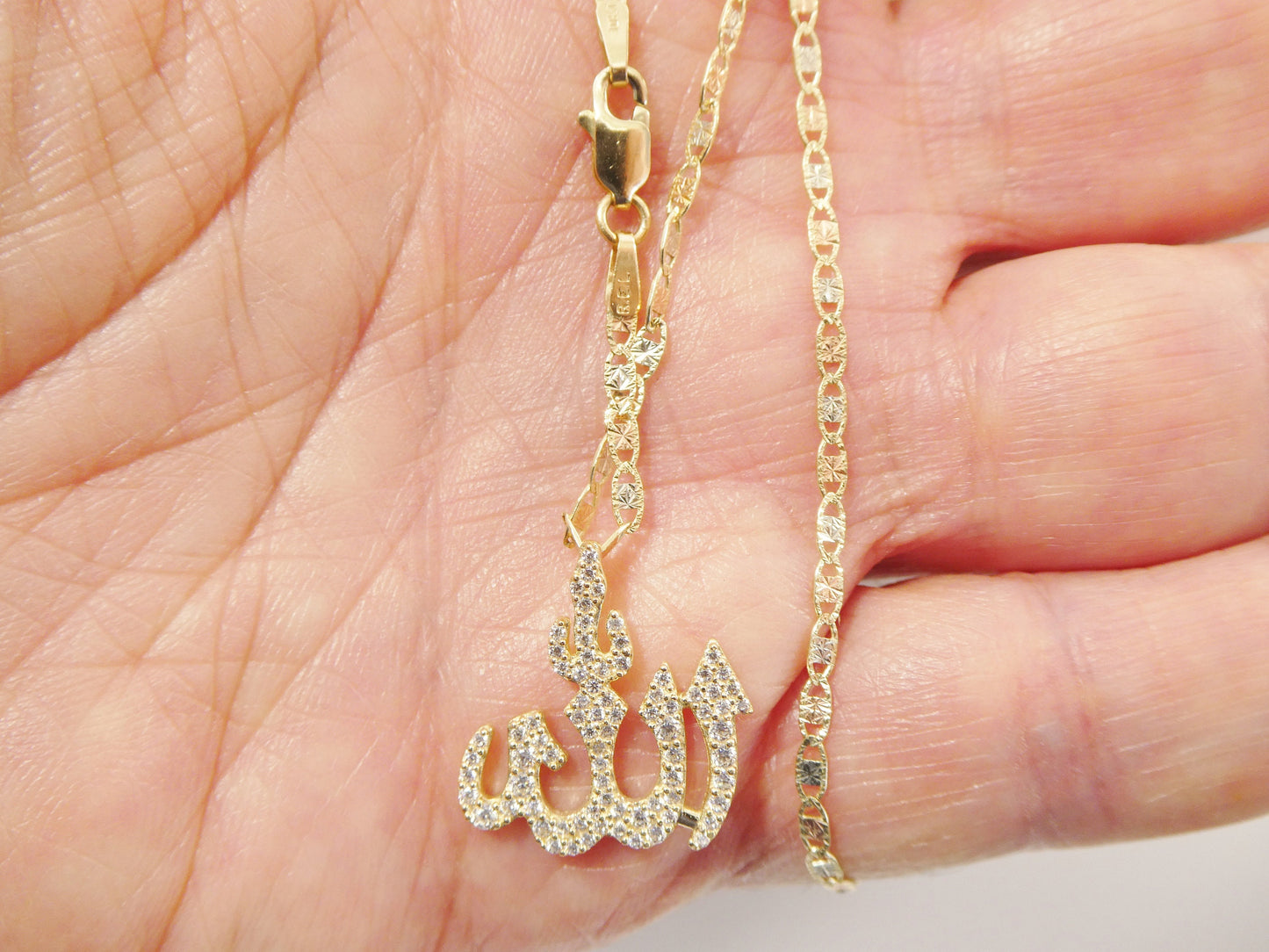 10k real solid yellow gold small ALLAH Muslim pendent and 16 inch Valentino necklace