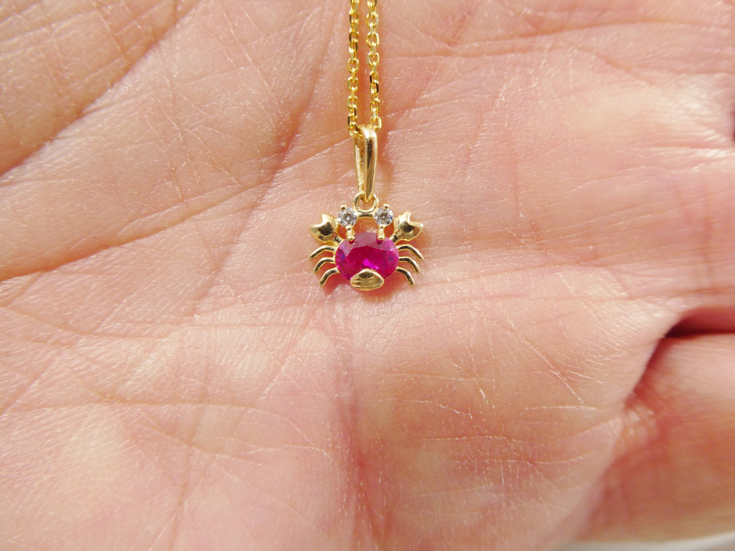 14k real solid yellow gold red stone crab pendent and cable necklace