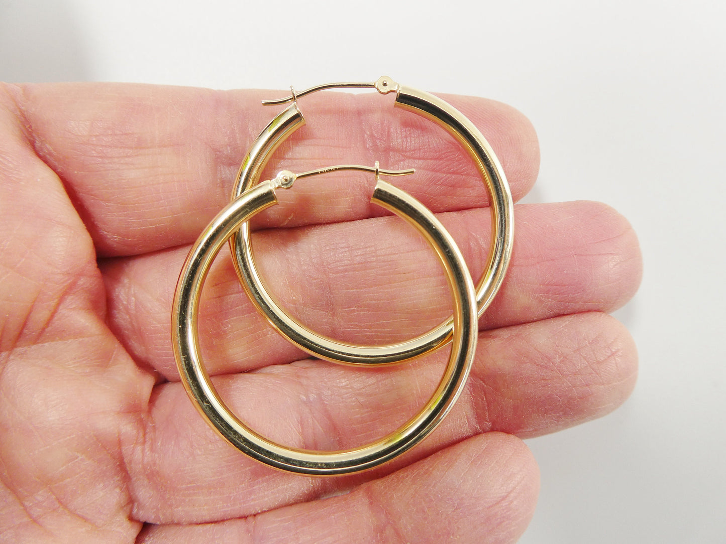 14K real solid yellow gold 3mm /35mm round hoop earring snap closure high polish finish