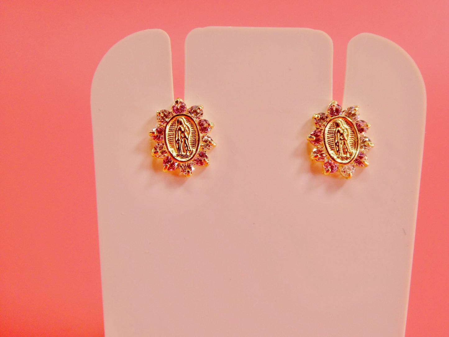 14k real solid yellow gold screw back Guadalupe virgin Mary earrings oval shape