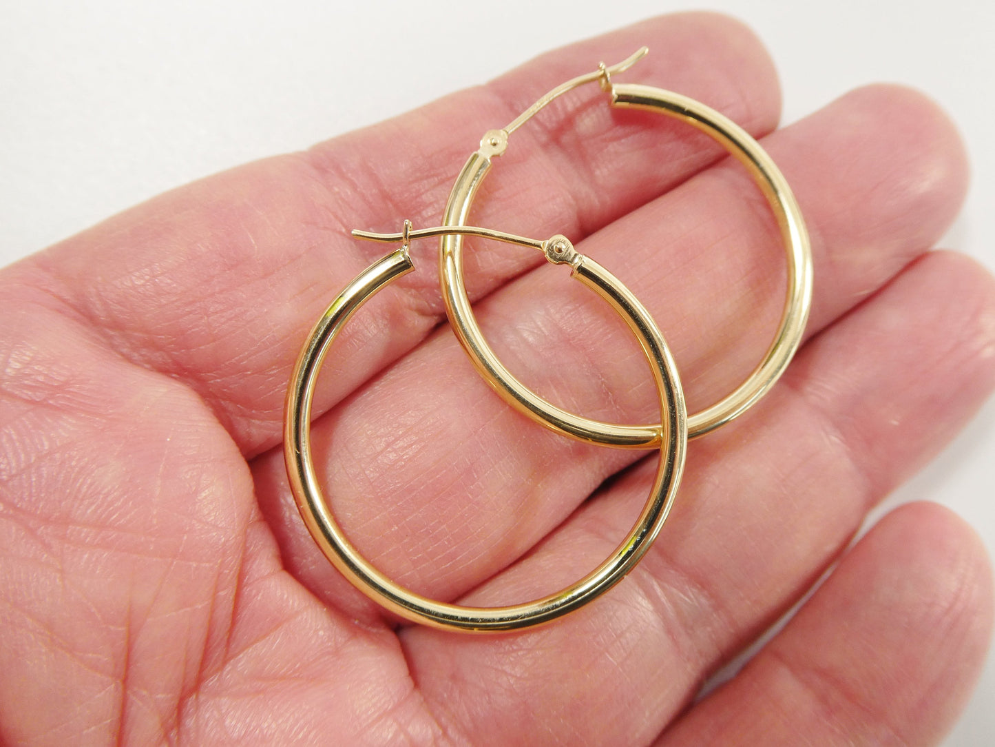 14K real solid yellow gold 2mm / 30mm round hoop earring snap closure high polish finish