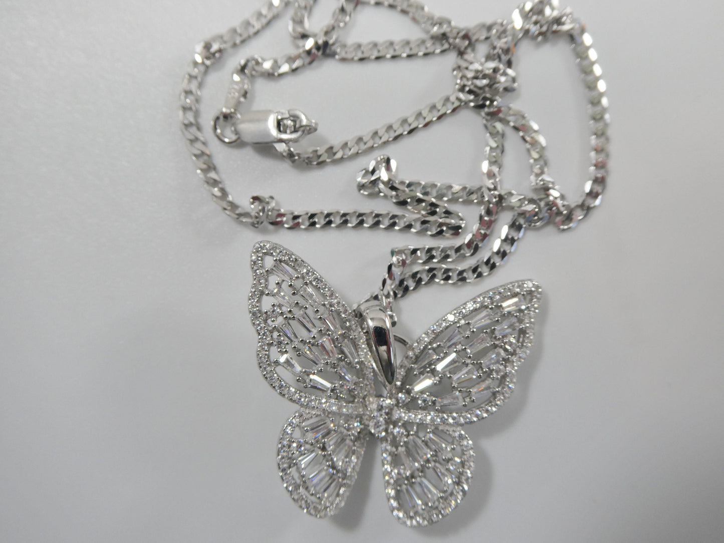 real 925 sterling silver baguette setting butterfly chain and pendent