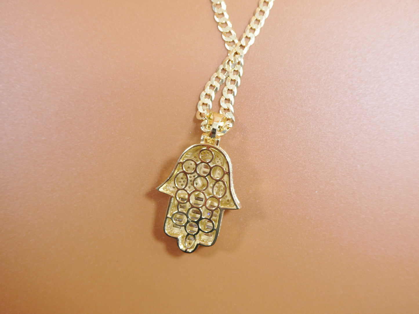 14k yellow gold color tone chain and hamsa evil eye charm pendent over real 925 sterling silver