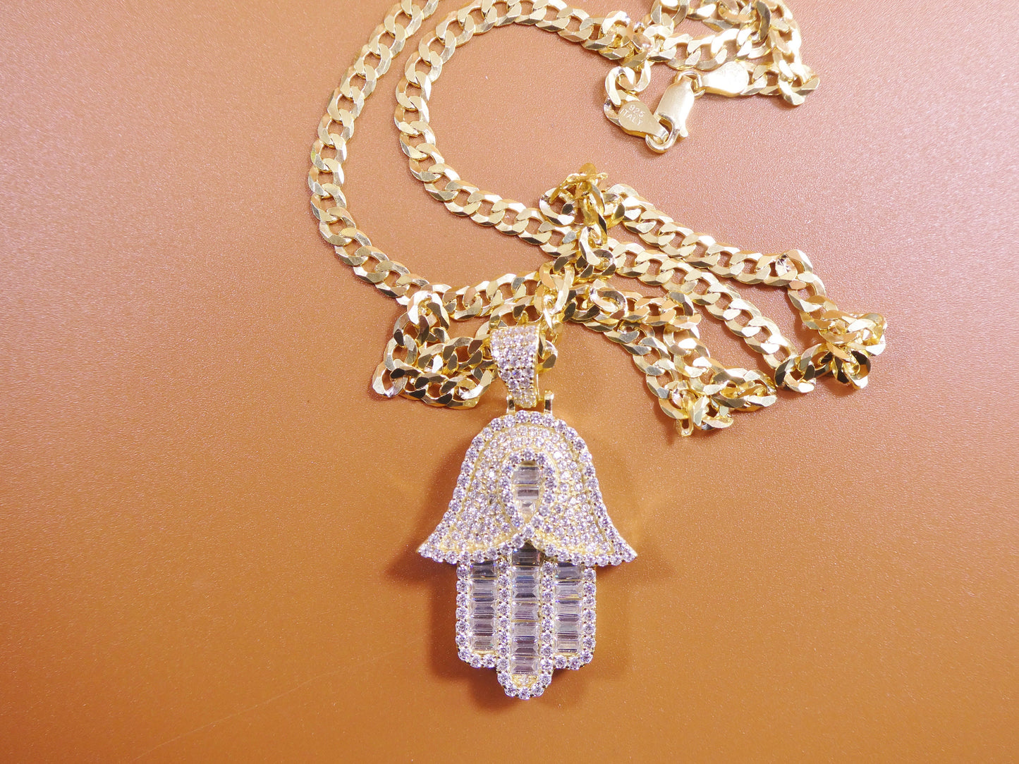 14k yellow gold color tone chain and hamsa evil eye charm pendent over real 925 sterling silver