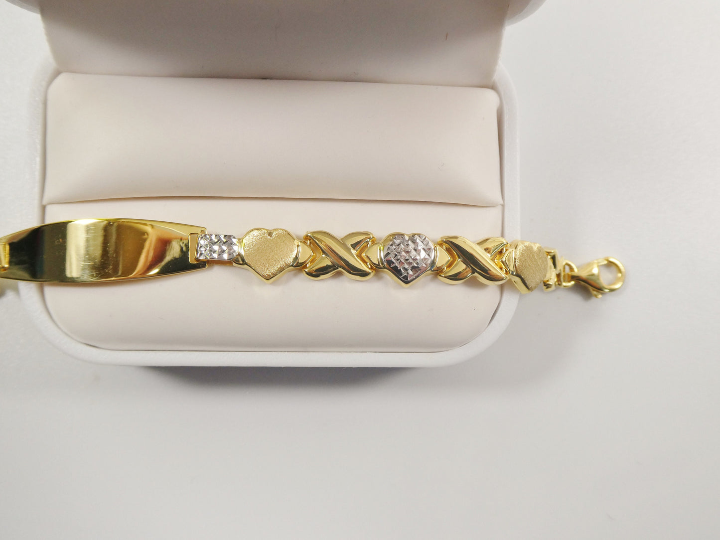 real 925 sterling silver stampato x heart ID bracelet 14k yellow gold finish