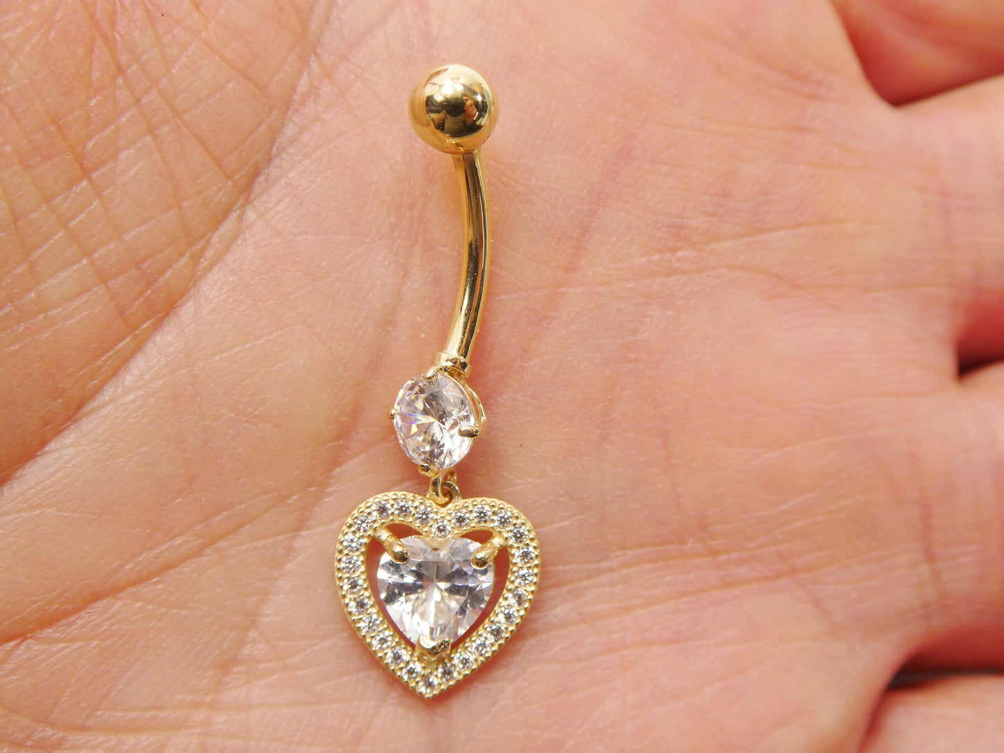 14k real solid yellow gold large heart drop belly button ring piercing
