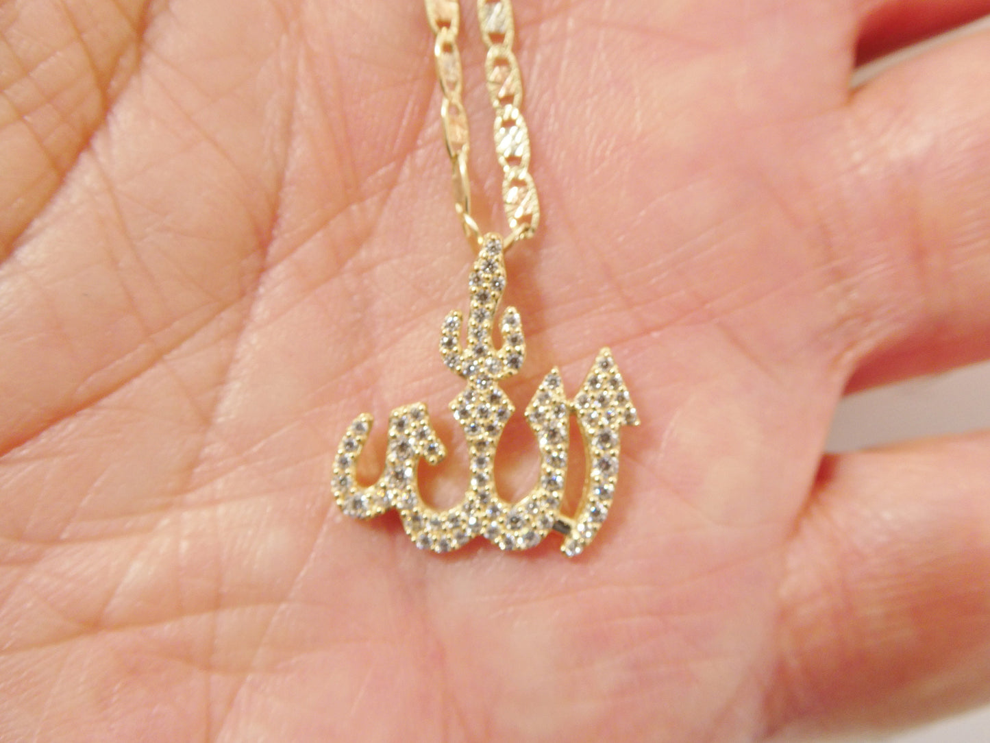 10k real solid yellow gold small ALLAH Muslim pendent and 16 inch Valentino necklace