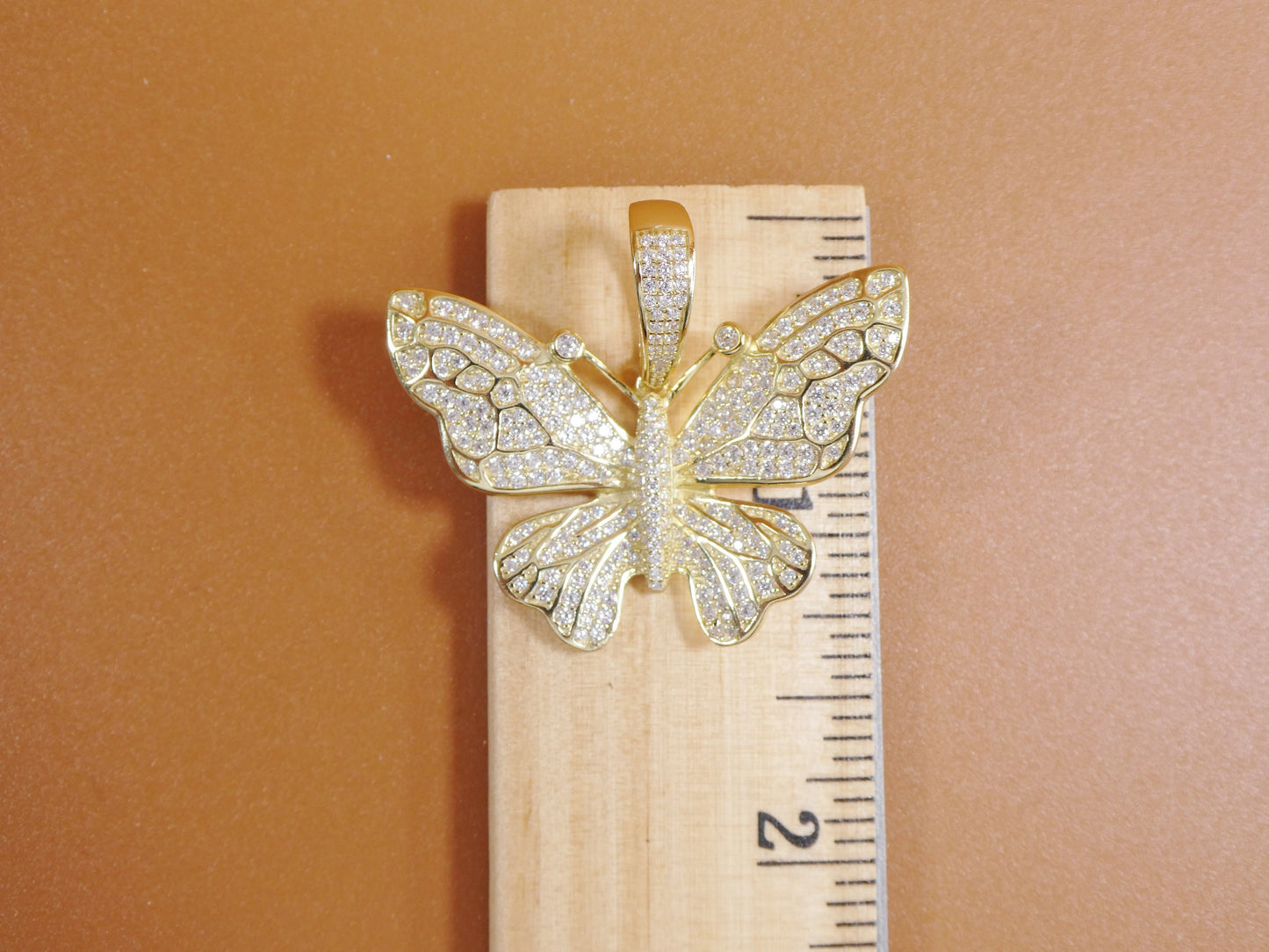14k yellow gold color tone chain and large butterfly charm pendent over real 925 sterling silver