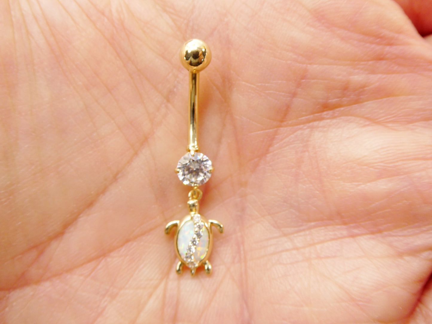 14k real solid yellow gold mother of pearl turtle belly button ring piercing