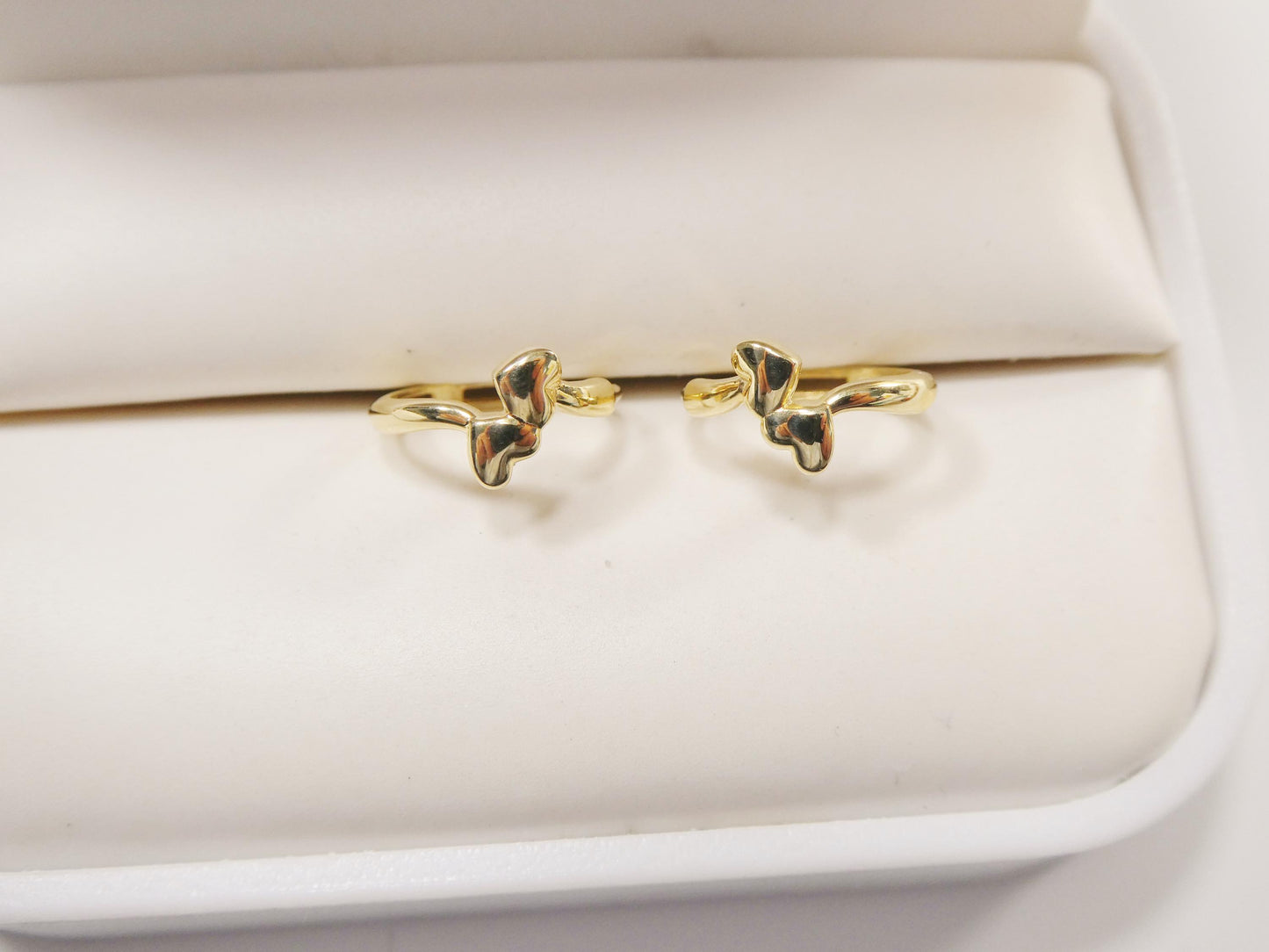 real 10k solid yellow gold double heart dropping huggie earring