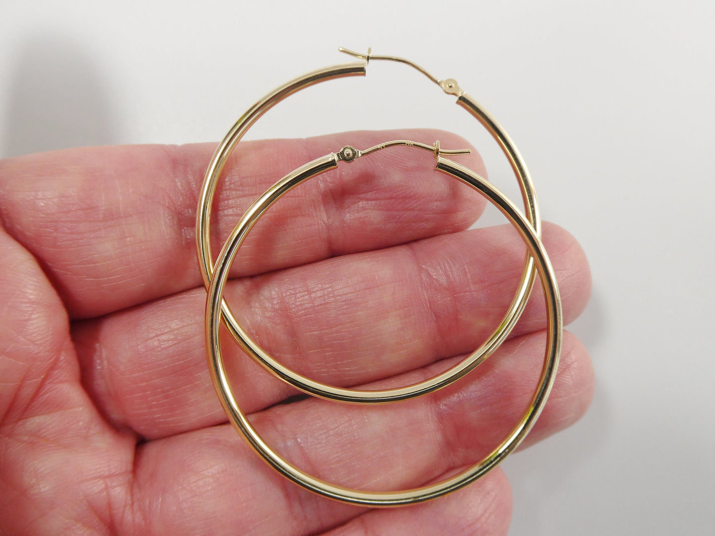 14K real solid yellow gold 2mm / 45mm round hoop earring snap closure high polish finish