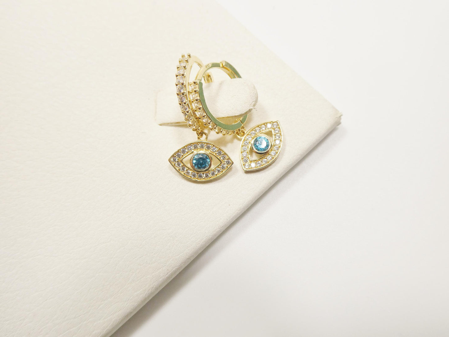 real 10k solid yellow gold evil eye drop hoop huggie earrings