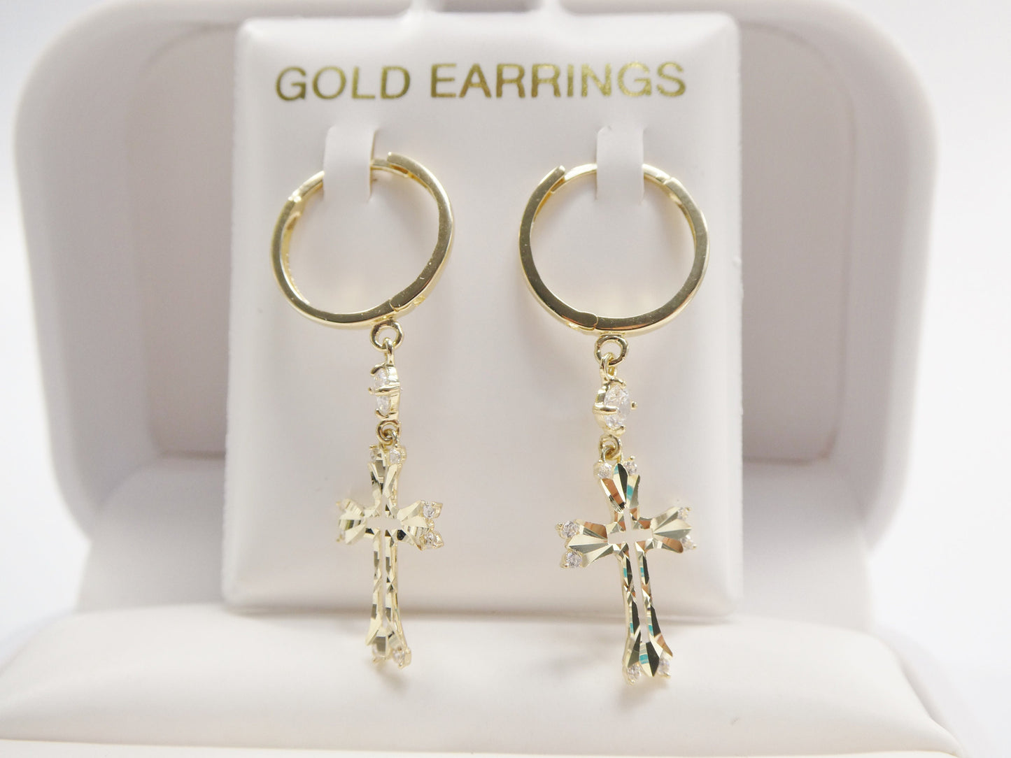 10k real solid yellow gold full laser cut cross dangle on plain huggie hoop fancy earring