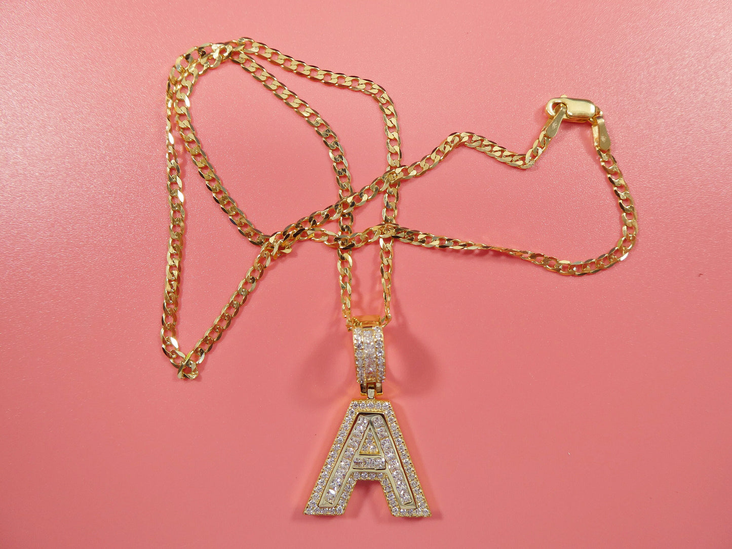 real 925 sterling silver yellow gold color tone baguette initial pendent with 18 inch small Miami chain