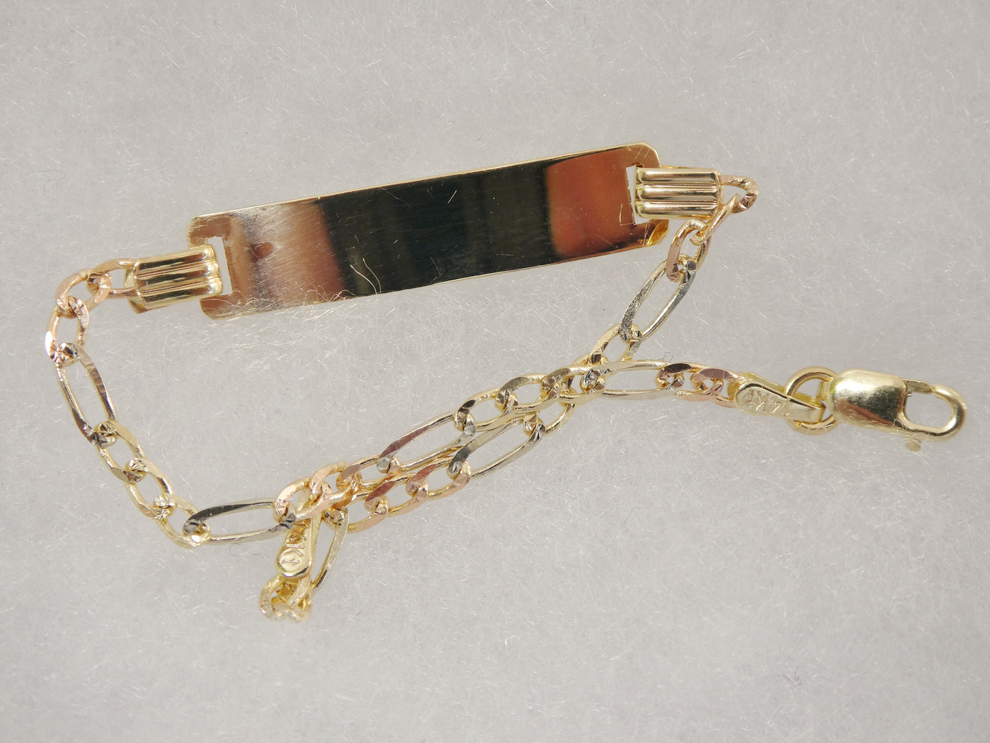14K real solid yellow gold 6 inch Figaro style tri color baby ID bracelet