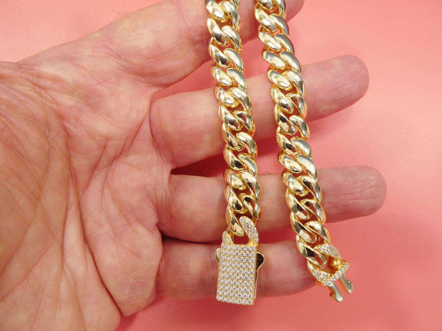 10MM real solid 925 sterling silver yellow gold color Monaco bracelet