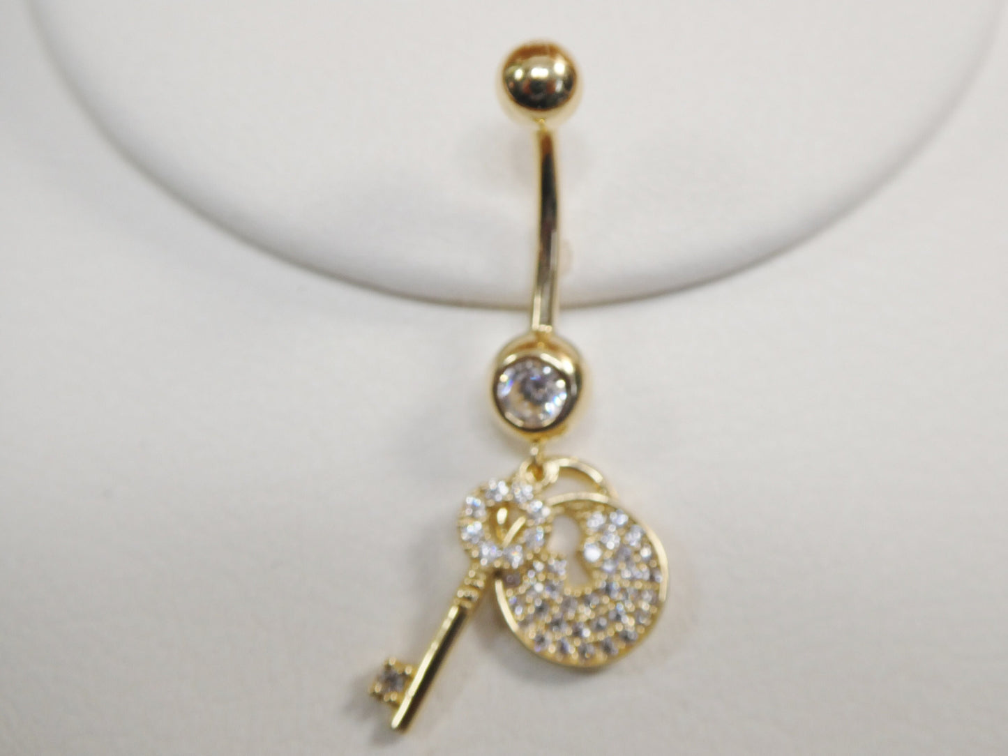 14k real solid yellow gold dangling lock and key belly button ring piercing