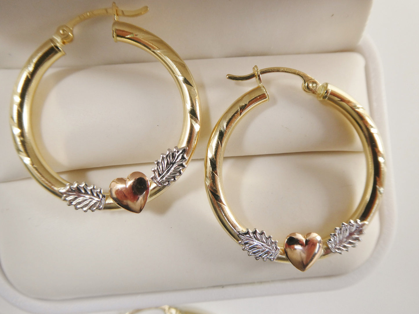 14K real solid yellow gold 3mm /25mm/35MM tri color heart center snap hoop earring