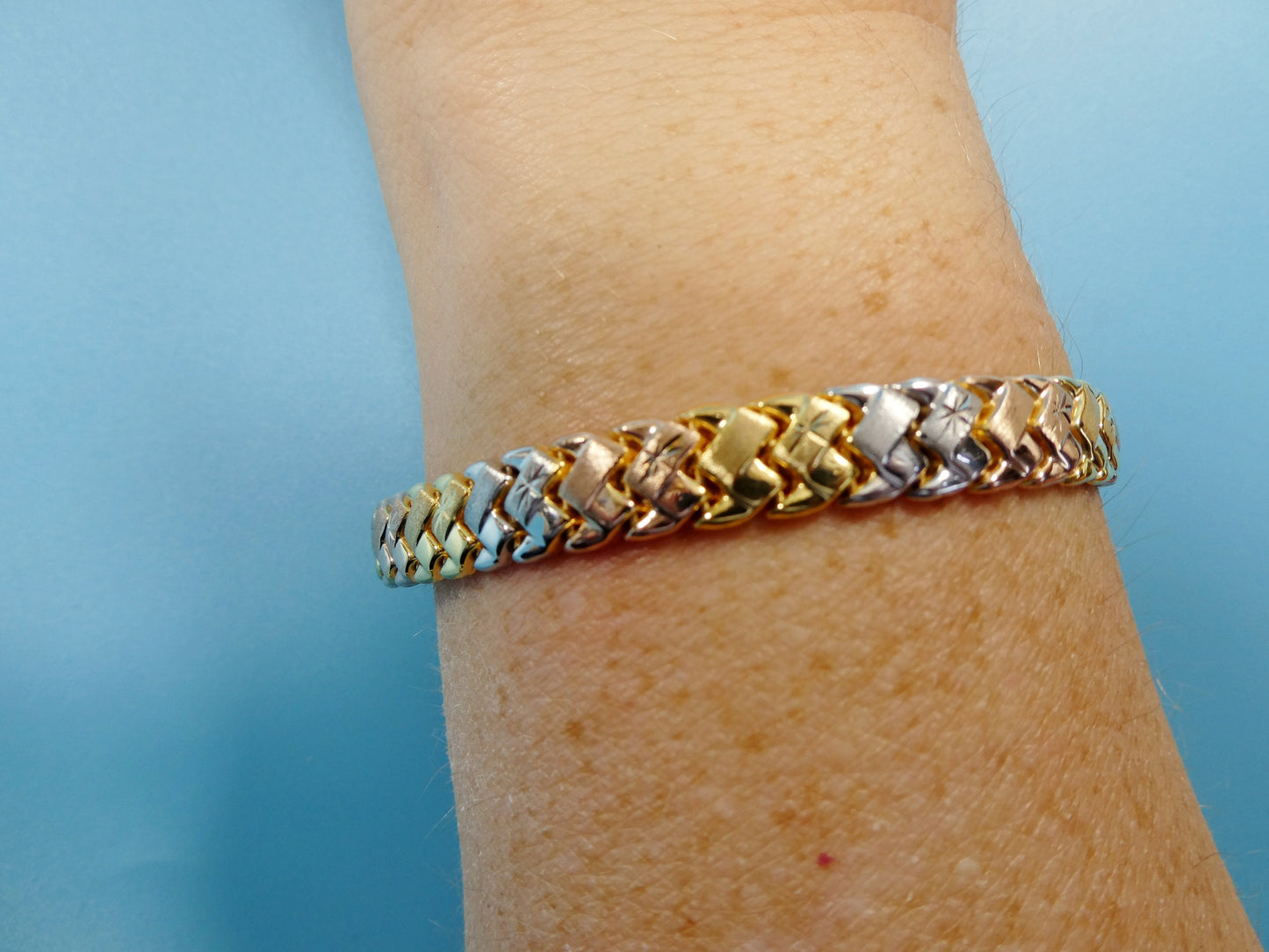 8 inch basket STAMPATO bracelet tri color tone 14k yellow gold color finish over real 925 sterling silver