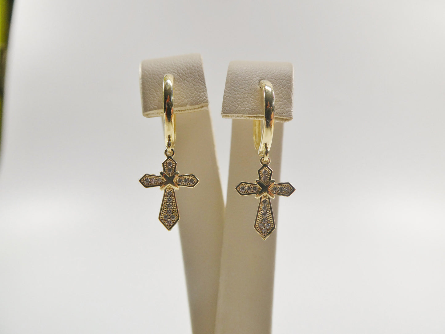 10k real solid gold cross dangle on plain huggie fancy earrings