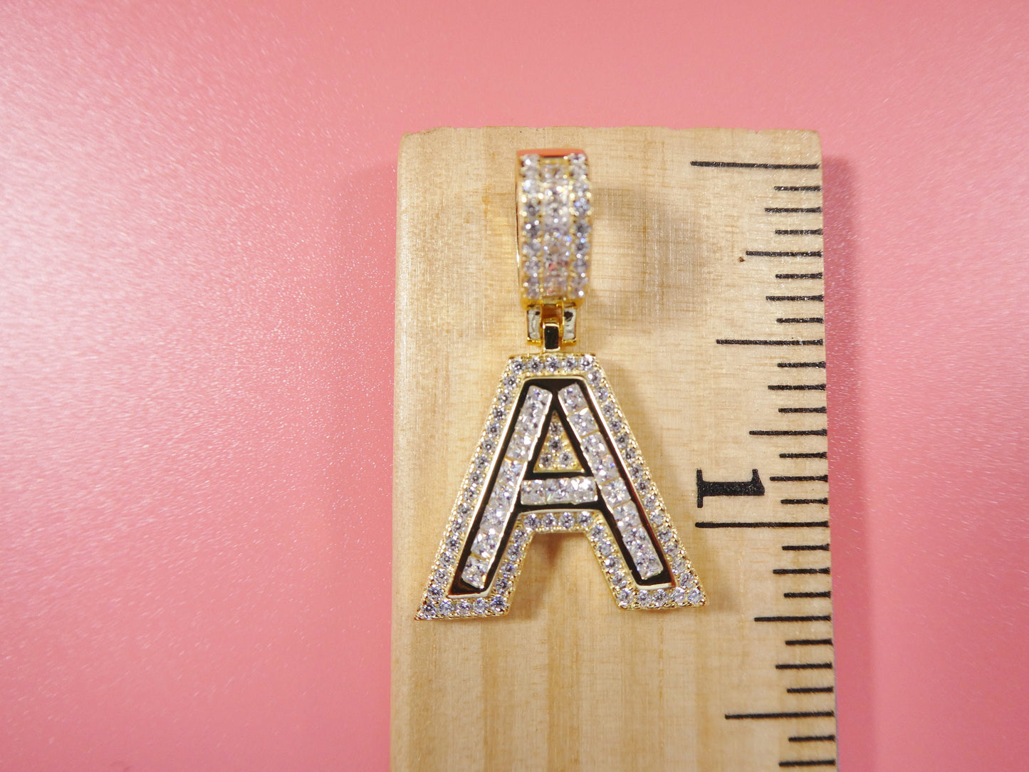 real 925 sterling silver yellow gold color tone baguette initial pendent with 18 inch small Miami chain